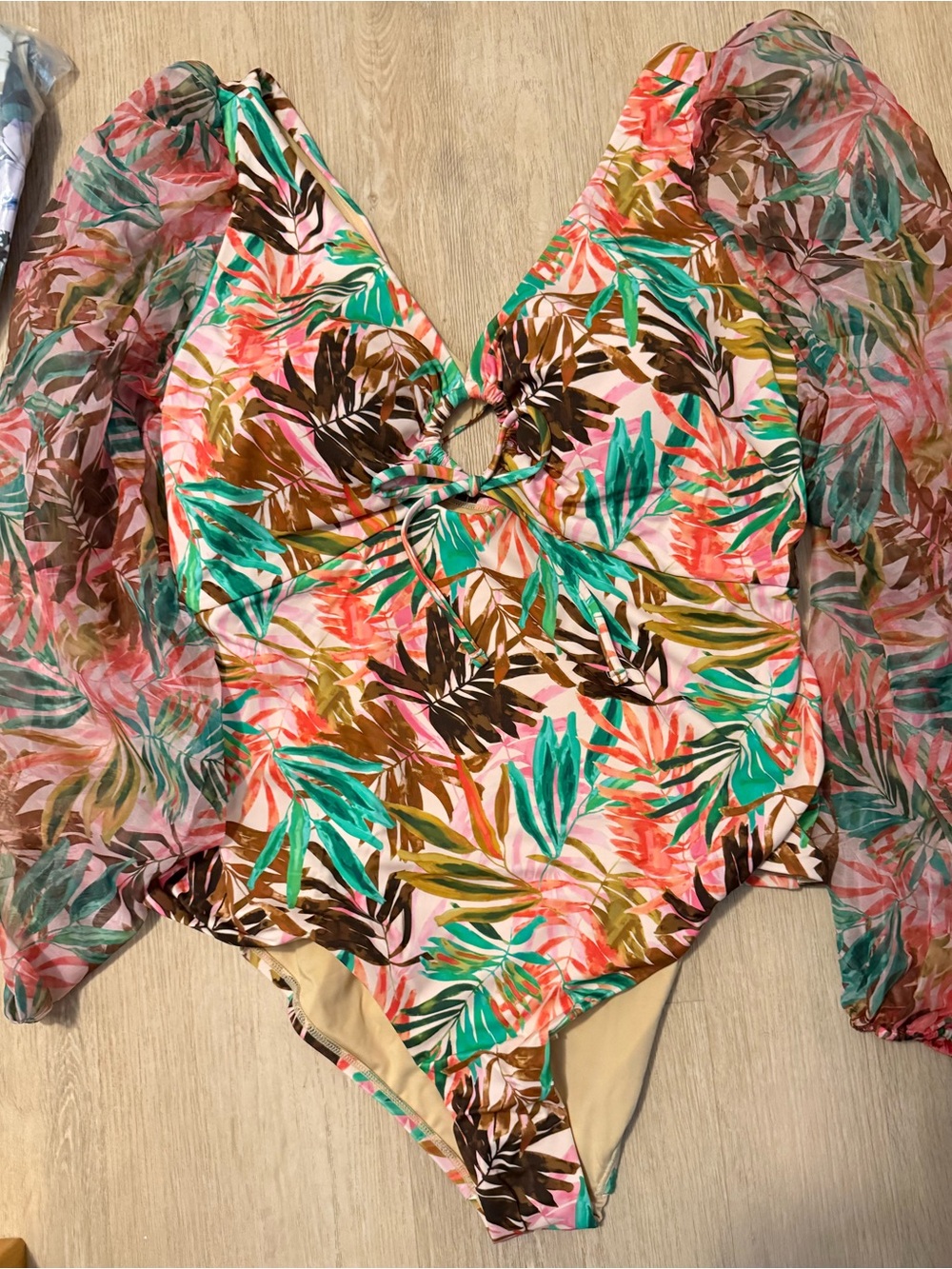 Jantzen Tropical Leaf Print Puff-Sleeve One-Piece Top - Pink Green